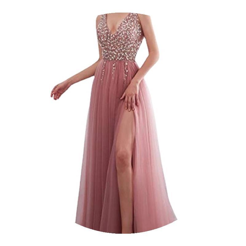 Chiffon Embellished Deep V Formal Dress Sequin Slim Women Dresses