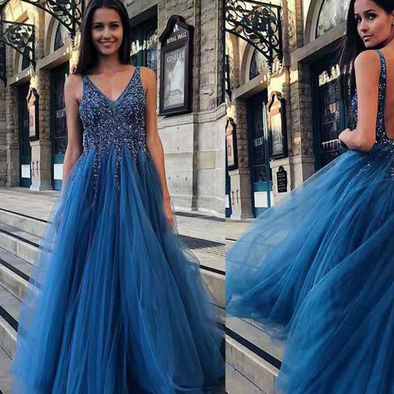 Chiffon Embellished Deep V Formal Dress Sequin Slim Women Dresses