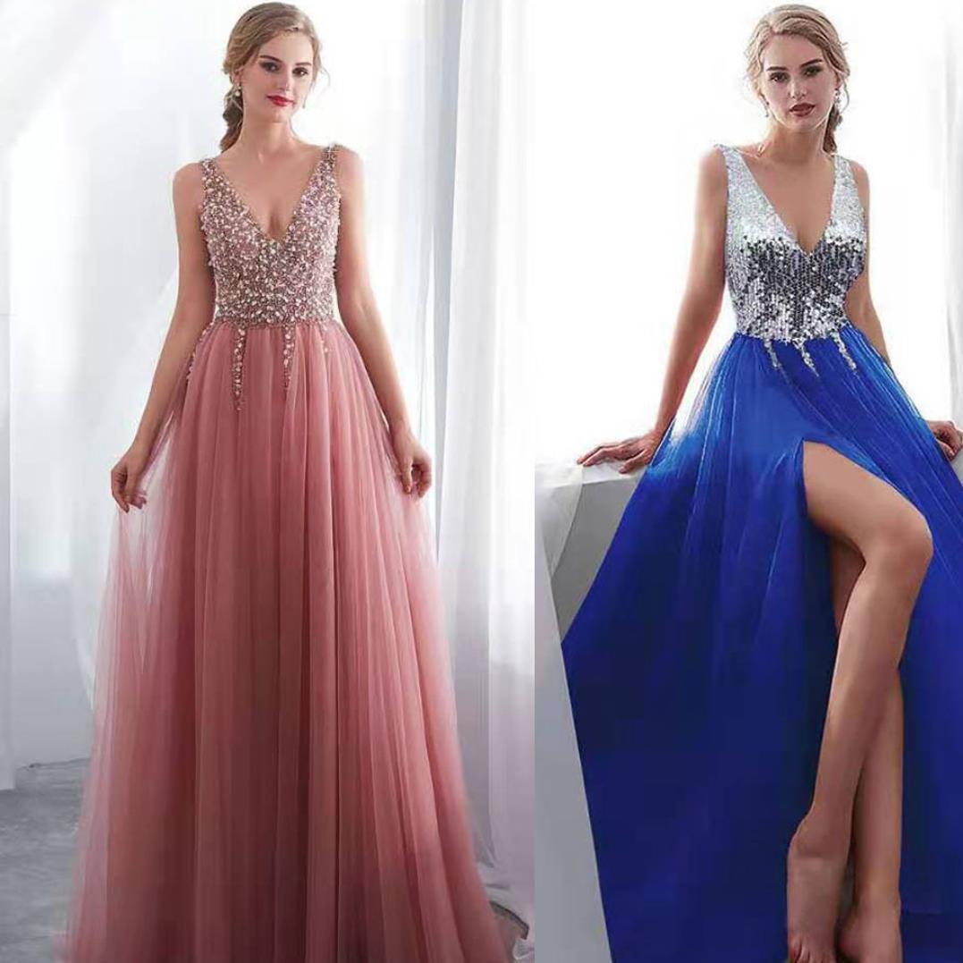 Chiffon Embellished Deep V Formal Dress Sequin Slim Women Dresses