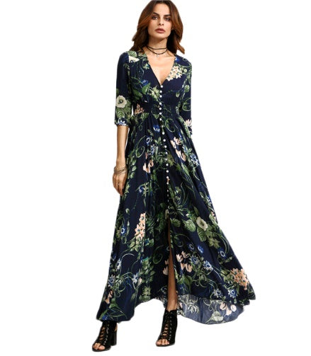 new women's European and American explosion models ethnic style printing retro bohemian big dress dress long skirt