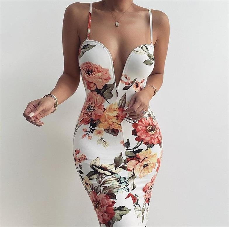 New Women's Sling Deep V Bag Hip Print Dress