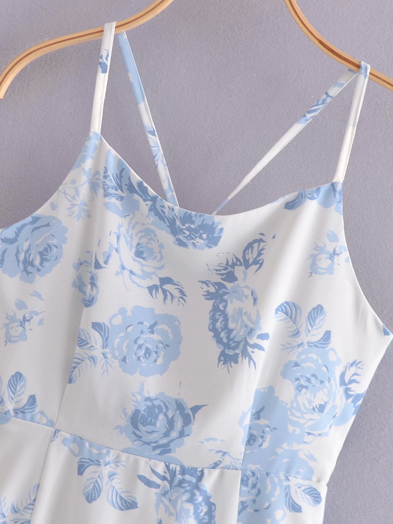 Digital Blue Flower Halter Strap Dress