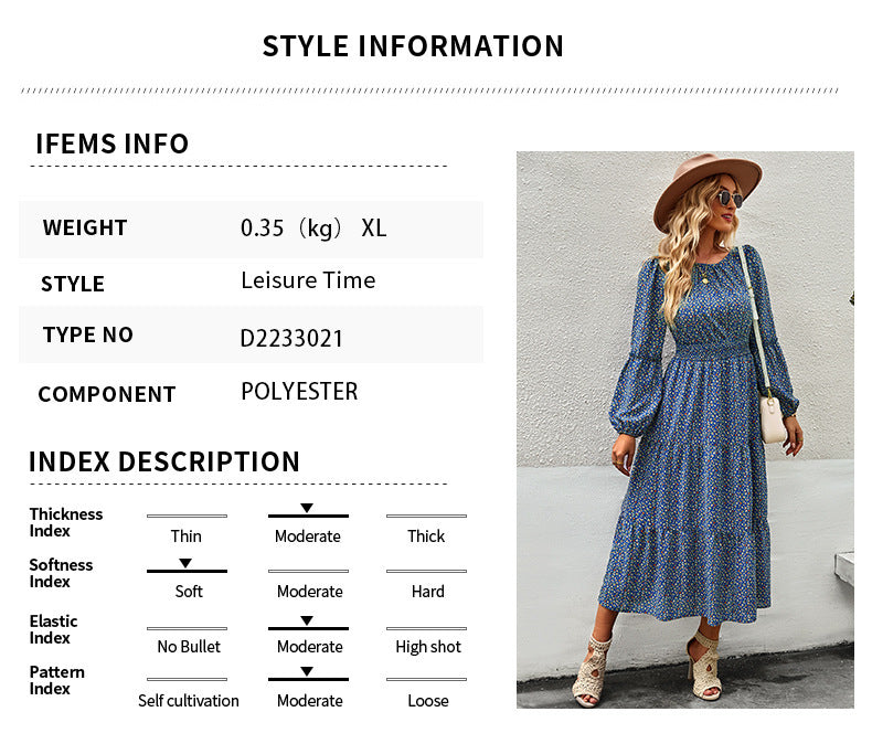 European And American Printed Lantern Sleeve Round Neck Smocking Dress