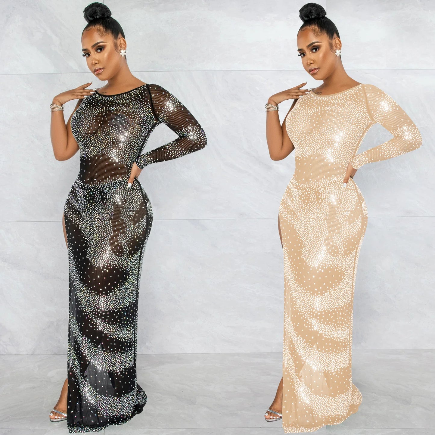 Fashion Nightclub Hot Drilling Single Long Sleeve Irregular Slit Maxi Dress