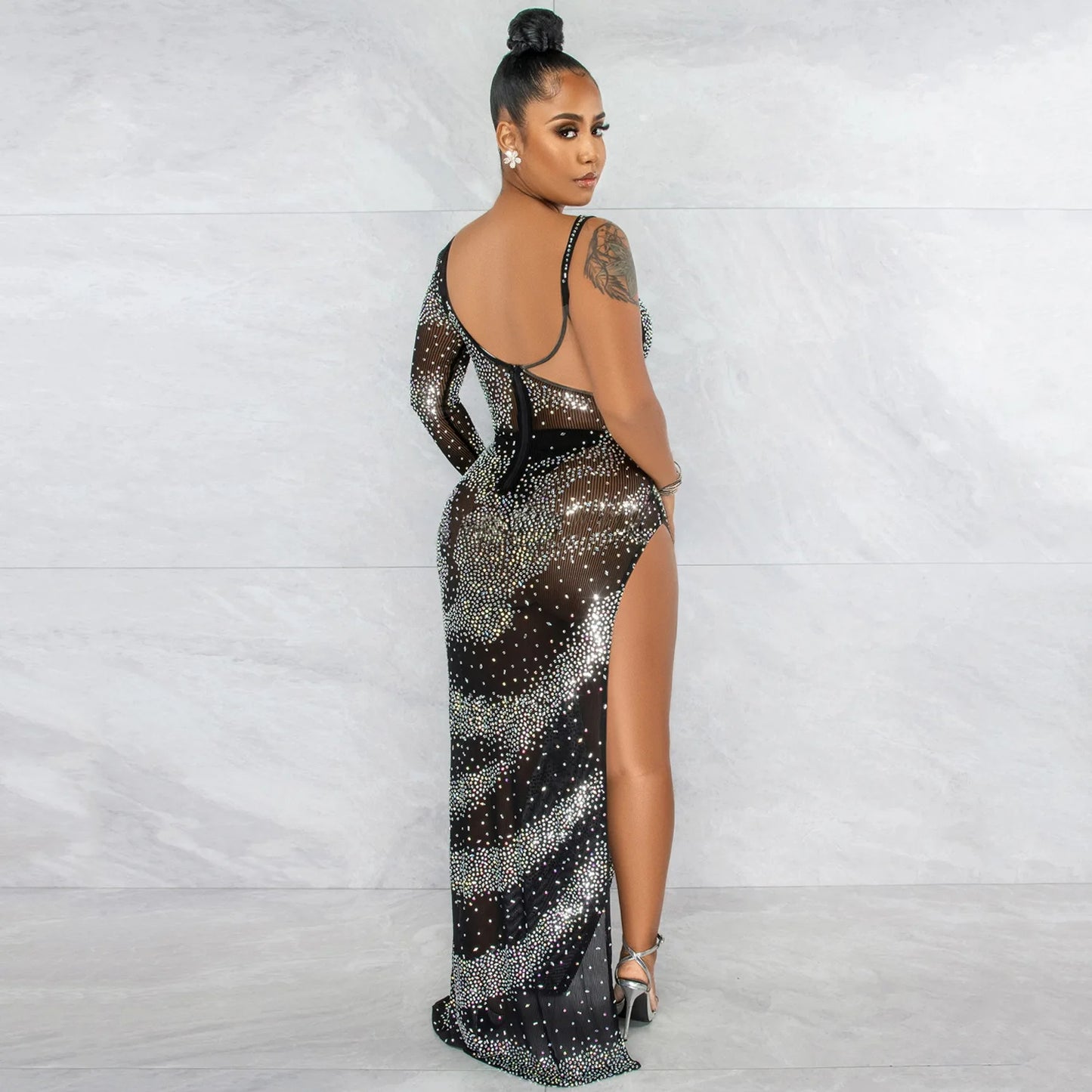 Fashion Nightclub Hot Drilling Single Long Sleeve Irregular Slit Maxi Dress