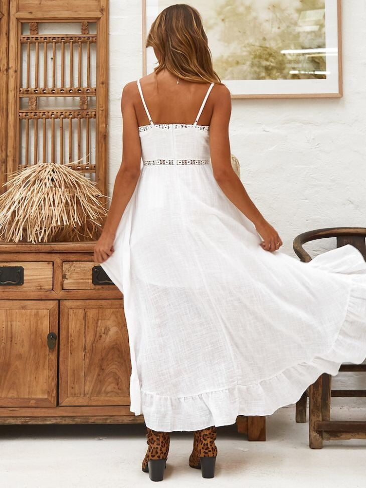 V-neck sexy hollow stitching lace waist dress