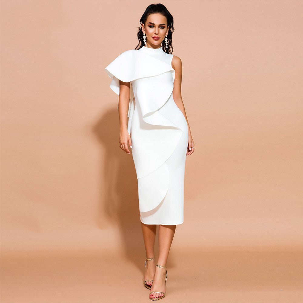 Ruffled space cotton mid-length dress