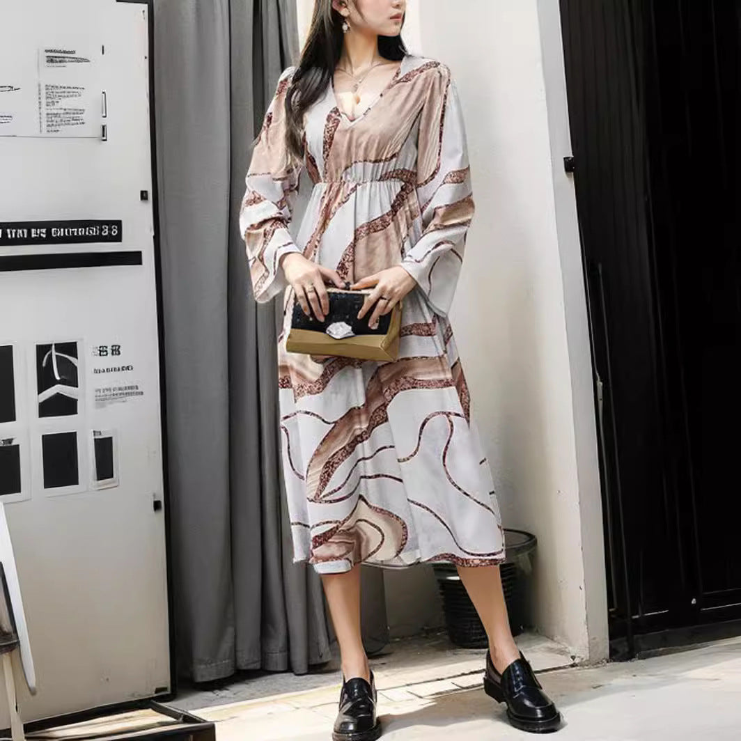 Women's Fashion Positioning Printing V-neck Long-sleeve Dress