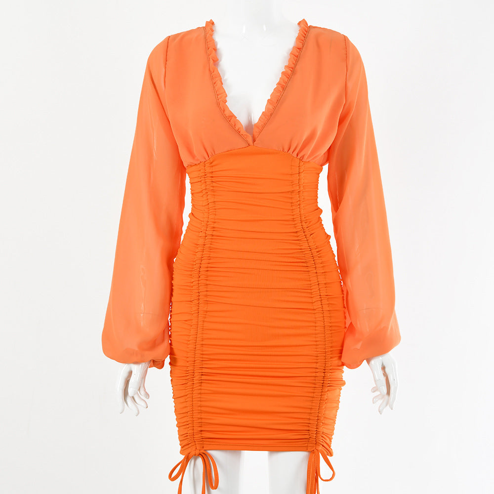 New Deep V Sexy Bodysuit Hip Skirt Bandage Pleated Dress