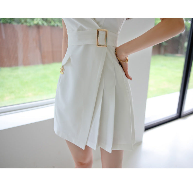 Elegant Suit Collar Waist Slim Fit Stitching Pleated Dress