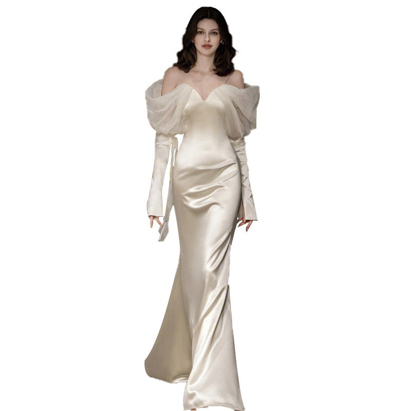 Satin Long Sleeve Off-shoulder Fishtail Wedding Veil Bridal Welcome Evening Dress
