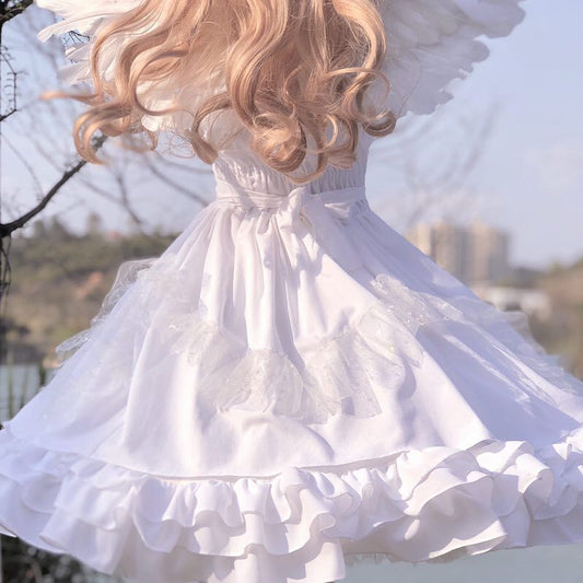 White Angel Jsk Fairytale Lolita  Vintage Kawaii Girls Gothic Lace Wedding Gown Cosplay Princess Dresses