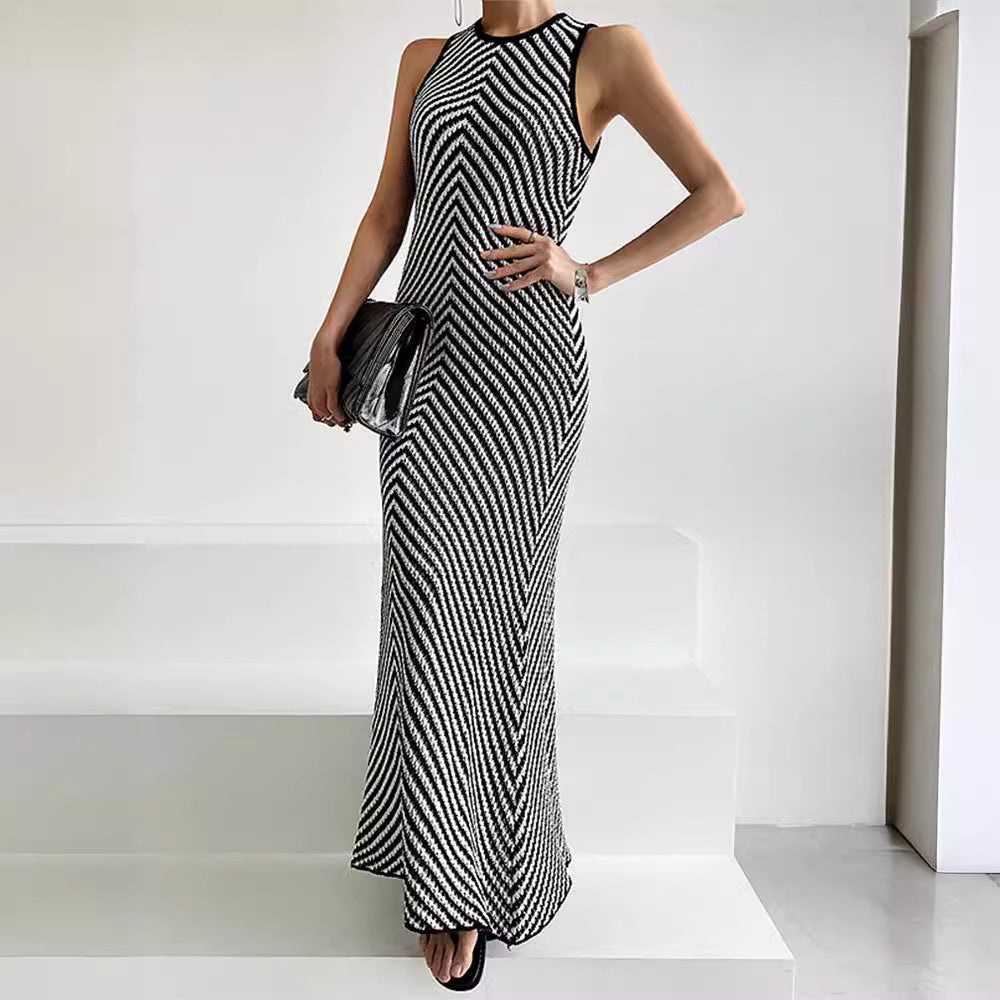 Summer High-grade Round Neck Striped Color Contrast Patchwork Sheath Slim Slimming Sleeveless Knitted Dress