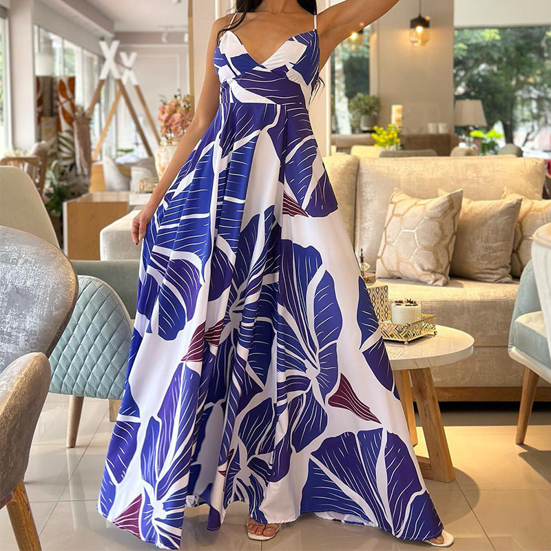 Fashion Print Sling High Waist Mid-length Dress
