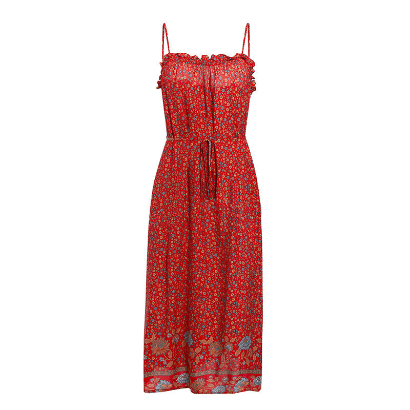 Mid-length dress with belt suspenders