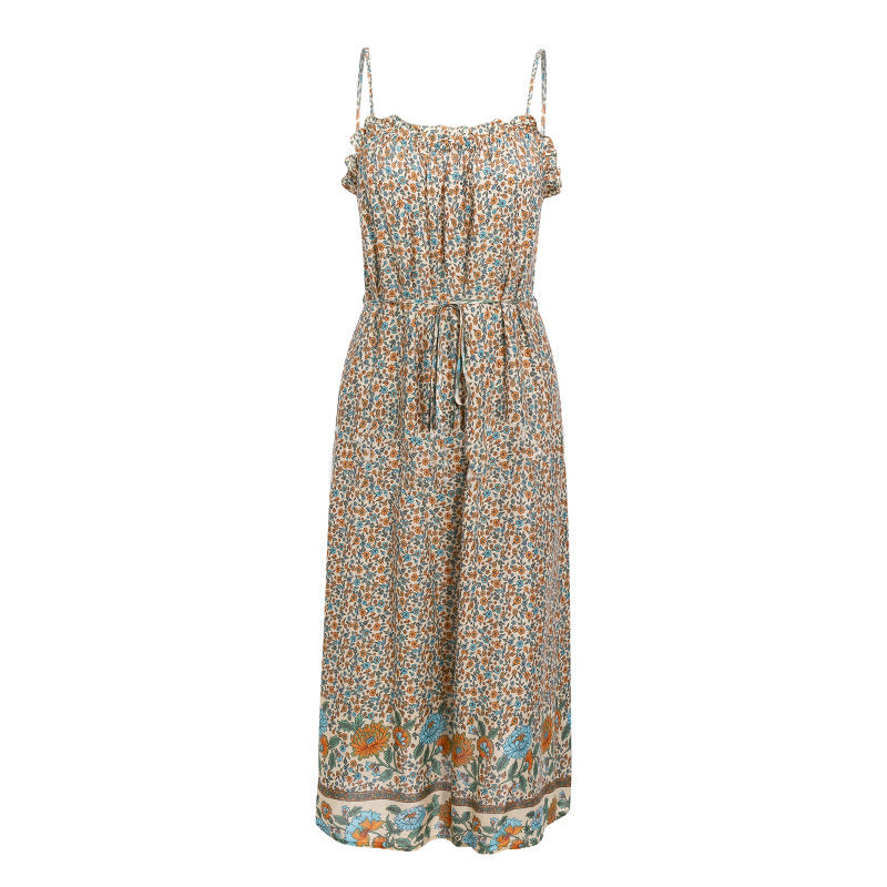 Mid-length dress with belt suspenders