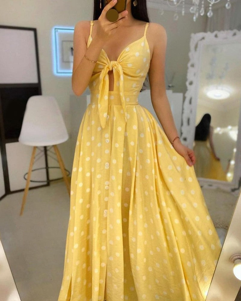 Slingshaped Polkadot Midlength Skirt Highwaist Split Dress
