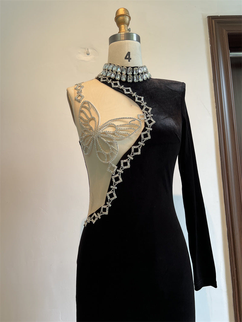 Beautiful Rhinestone Butterfly Sexy Shoulder Sleeve Short Dress Luxury Design Sense
