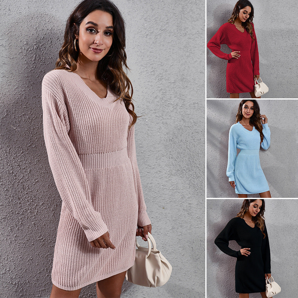 V-neck Drop-shoulder Long-sleeve Waist-tight Woolen Skirt