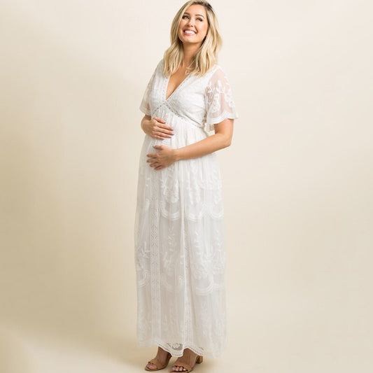 Maternity Dress Maxi Summer  V Neck White Lace Short Sleeve Pregnancy Dress Maxi Dress