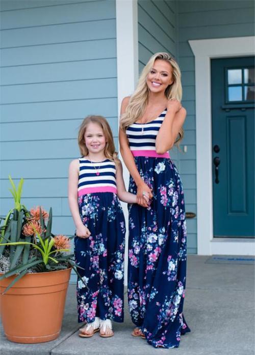 Mother-child Dress Striped Stitching Printing Parent-child matching Dress