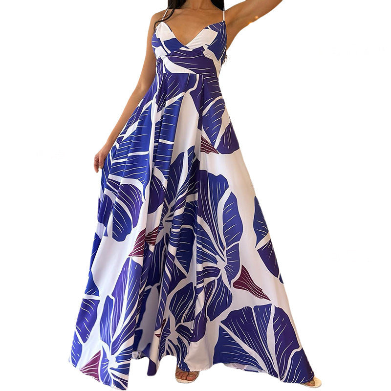 Fashion Print Sling High Waist Mid-length Dress