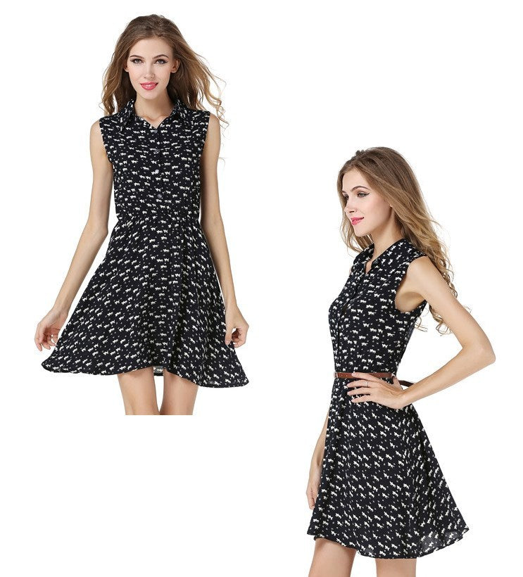 USA SIZE Women's shirt dress cat print slim dress shirt skirt send belt