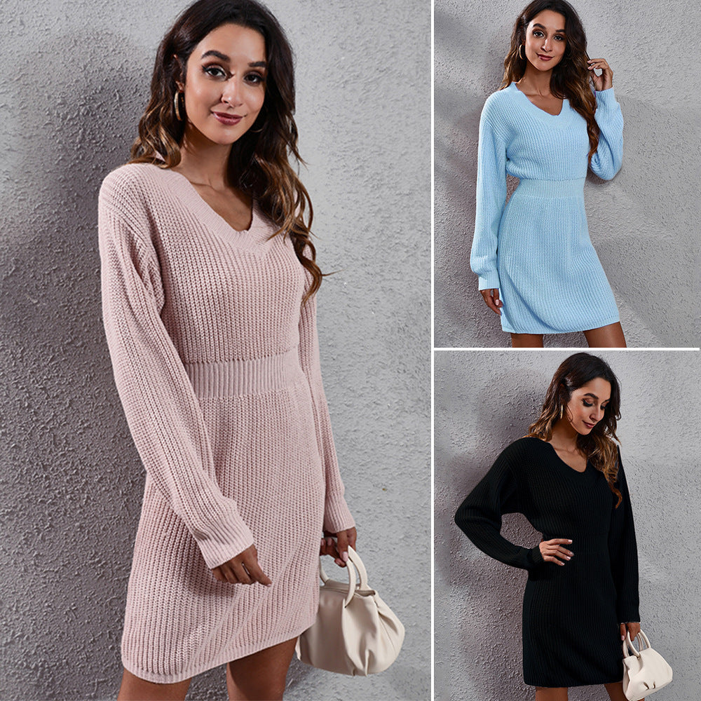 V-neck Drop-shoulder Long-sleeve Waist-tight Woolen Skirt