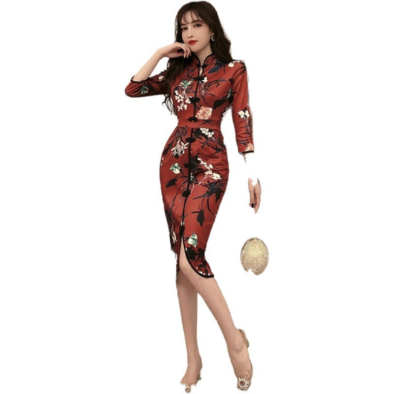 Hollow retro flower cheongsam mid-length slit dress
