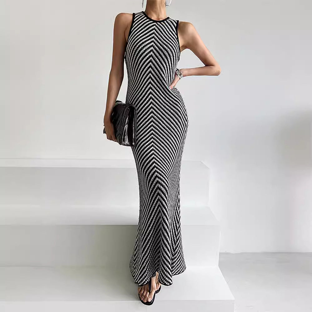Summer High-grade Round Neck Striped Color Contrast Patchwork Sheath Slim Slimming Sleeveless Knitted Dress