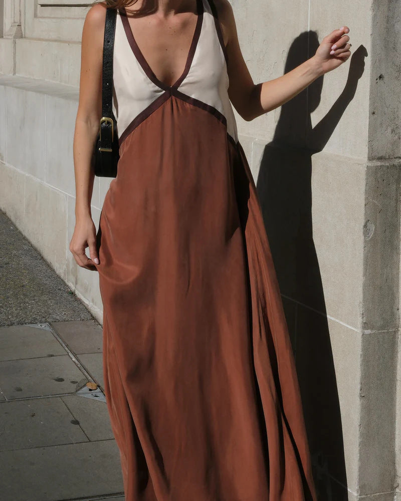 V-neck Sleeveless Color Matching Cuprammonuium Large Swing Dress