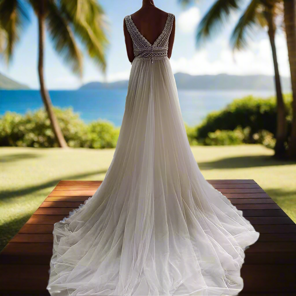 Endless Elegance Boho Beach Wedding Gown - Lace See-Through Waist Slimming Outdoor Mesh Bridal Dress