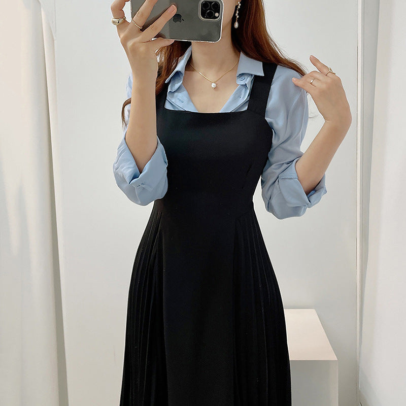 Lapel Tied Long Sleeve Shirt High Waist Side Pleated Suspender Dress For Women