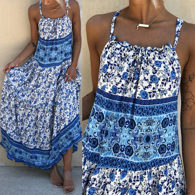 Sleeveless suspender print sexy backless dress