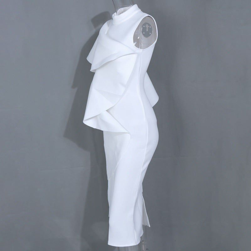 Ruffled space cotton mid-length dress