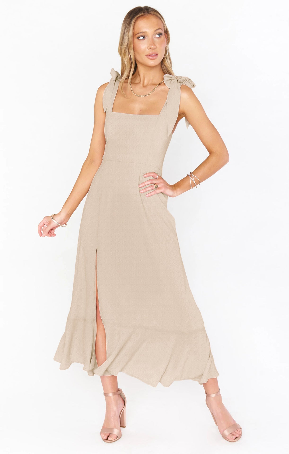 Summer Grace Square Neck Ruffle Split Midi Dress – Bridesmaid & Wedding Guest Style