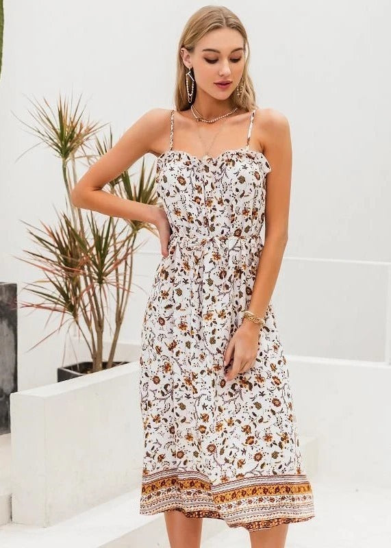 Mid-length dress with belt suspenders