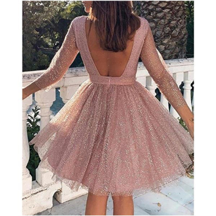 Round neck long sleeve see-through dress
