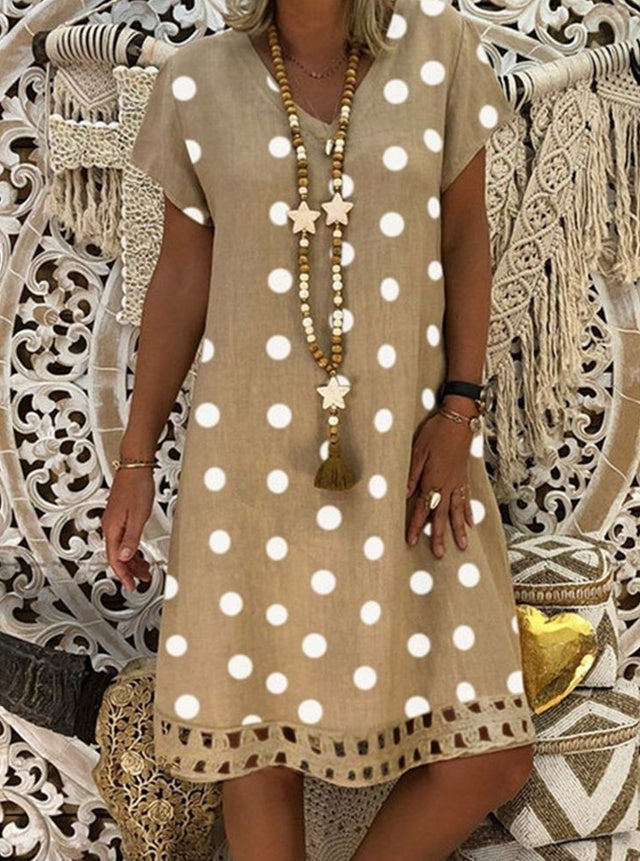 Short-sleeved V-neck print mid-length dress