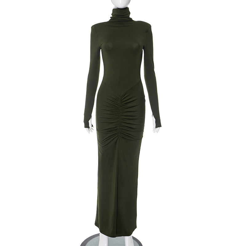 Autumn And Winter New High Neck Long Sleeve Fashion Pleated Dress