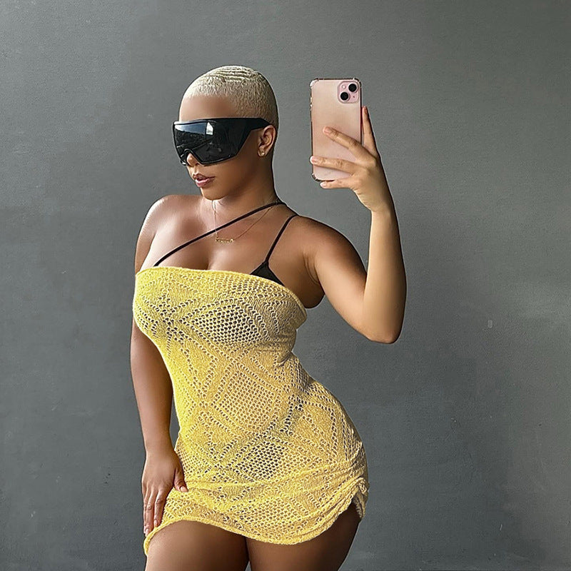 European And American Fashion Sexy Hot Girl Sleeveless Tube Top See-through Hollow Sheath Dress