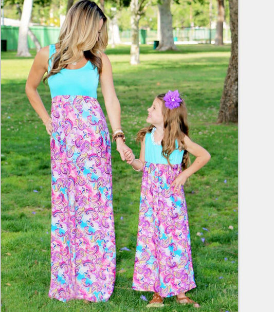 Cashew Phoenix Print Dress Mother And Daughter Parent-Child Wear