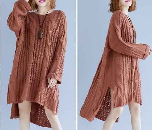 Women's round neck slit long sleeve solid color twist sweater dress