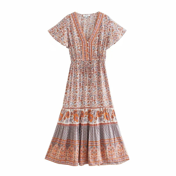 Printed V-neck short sleeve dress