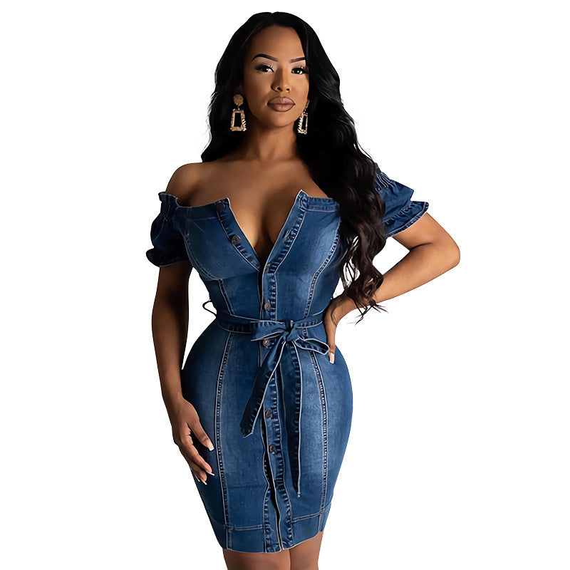 Sexy fashion word shoulder single breasted denim skirt