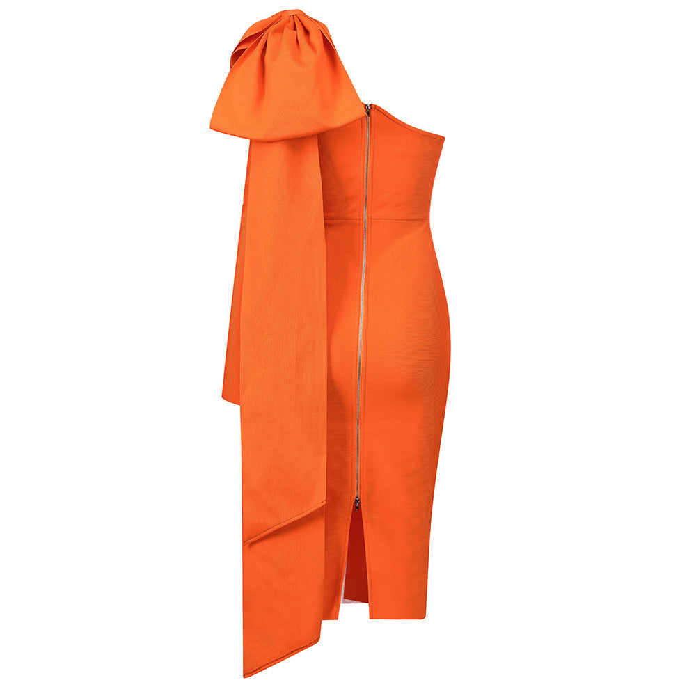 One-shoulder design bow bandage dress women
