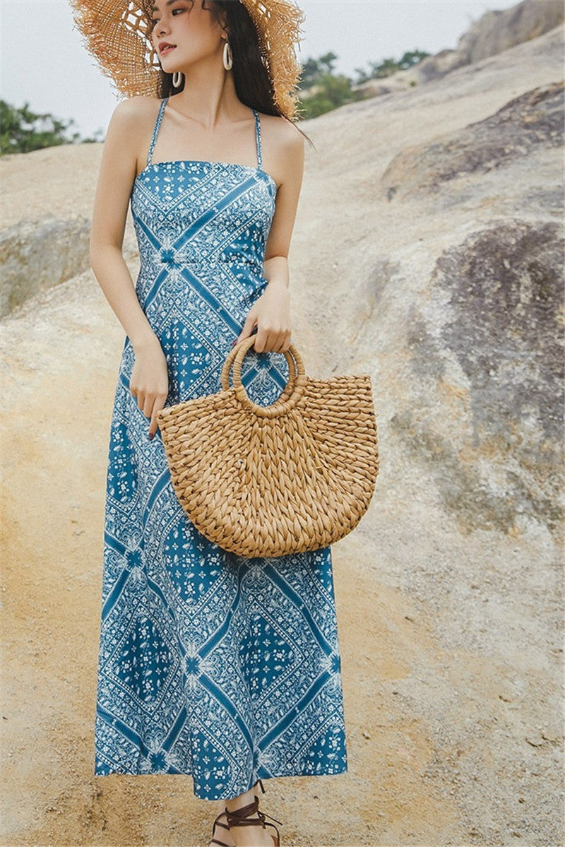 Halter Strap Dress Retro Style Blue Mid-length