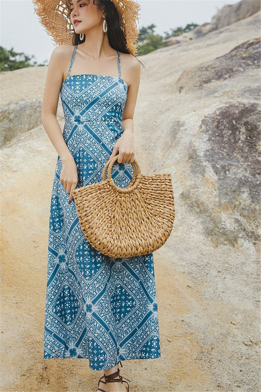 Halter Strap Dress Retro Style Blue Mid-length