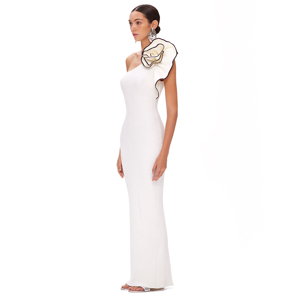 White One-shoulder Flower Black Hook Slim Fit Long Dress