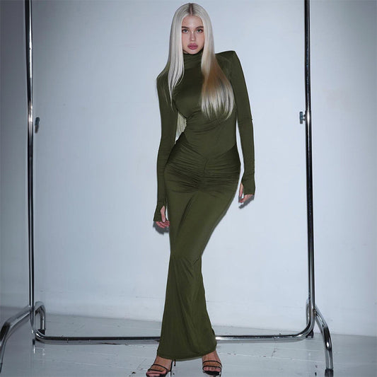 Autumn And Winter New High Neck Long Sleeve Fashion Pleated Dress